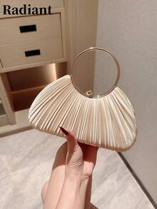 1pc Women's Elegant Pleated Box Design Party Clutch Bag, Luxury Rhinestone Handbag, Charming Formal Evening Bag, Bridal Wedding Accessory, Gift For Her - Apricot - View 11