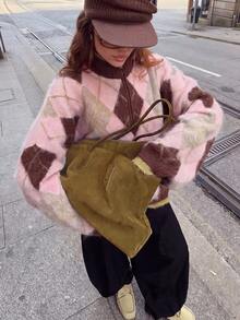 Women's Plus Size Diamond Quilted Half-Zip Sweater, Soft Fuzzy Small Stand Collar Long Sleeve Knit Top, Preppy Y2K Casual Loose Pullover For Autumn - Pinkish Brown - View 4