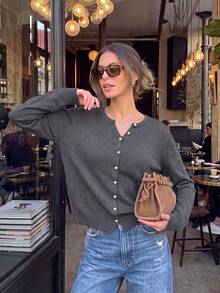 Autumn/Winter New European & American Elegant Style Solid Color Knit Cardigan, Half-Open Neckline, Round Neck, Single-Breasted, Hem With Side Slits, Loose Fit, Dropped Shoulder, Long Sleeve, Thin Lightweight Commuter Cardigan For Early Autumn - Dark Grey - View 5