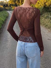 ARA CHIC Women's Off-Shoulder Long Sleeve Top With Lace Trim Collar, Ruched Waist, Back Center Knot,Lace Patchwork,Slim Fit,All-Season Elastic T-Shirt - Coffee Brown - View 1