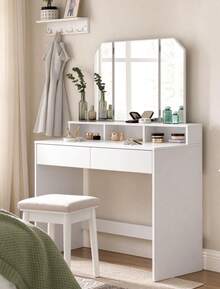 VASAGLE Vanity Set, Dressing Table Set with Tri-Fold Mirror, Large Table Top, 2 Drawers, White - Blanco - Ver 2