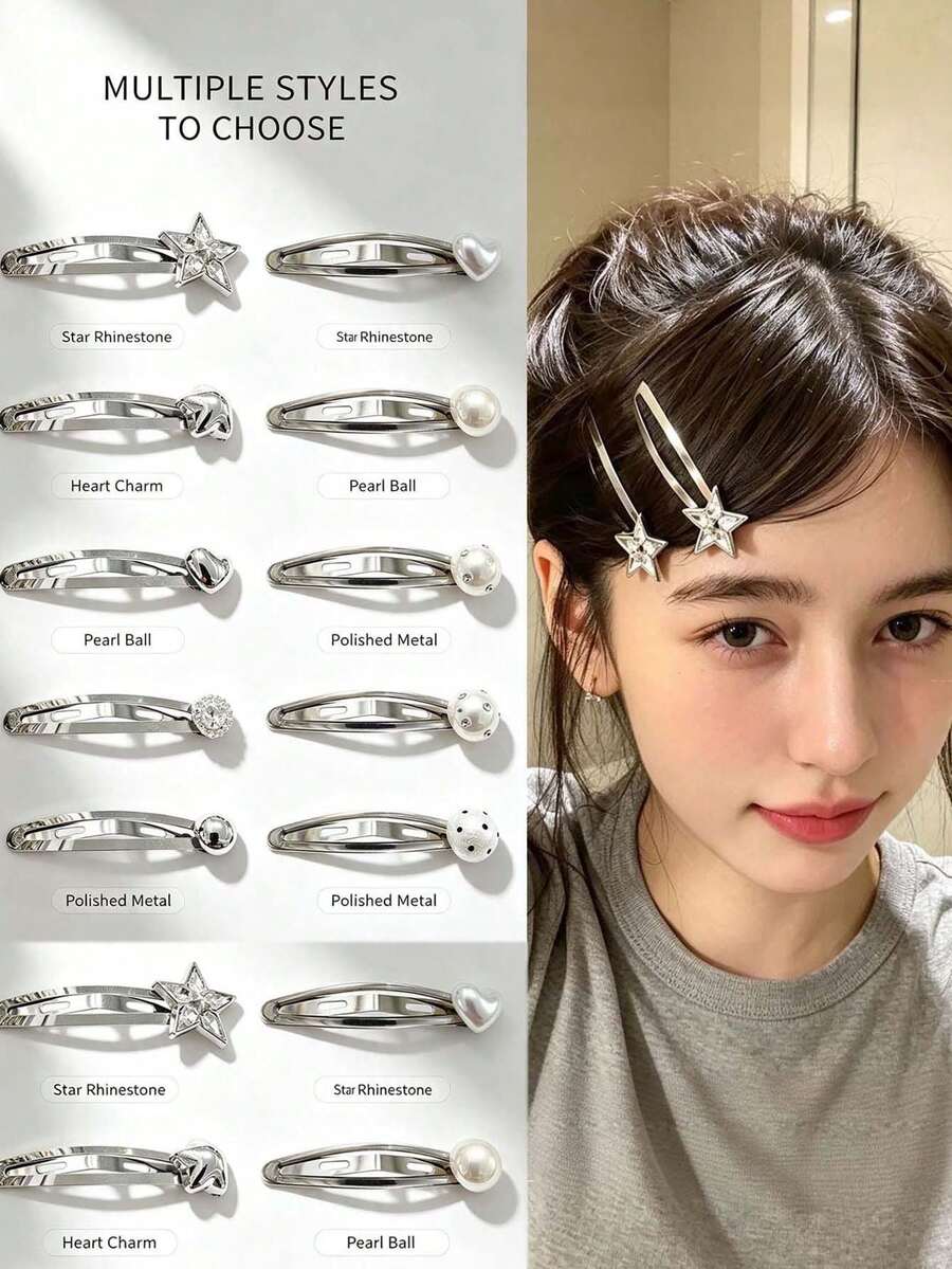 2pcs Y2K Korean Style Five-Pointed Star Hair Clips, Minimalist Cute Heart Pearl Planet BB Clips, Girly School Style Side Bangs Clips, Non-Damaging No-Trace Hair Clips, Suitable For Daily Wear - Multicolor - View 1