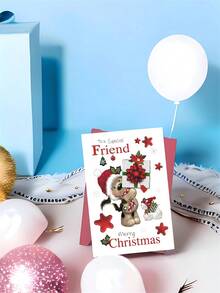 1pc Thickened Sweet Christmas Greeting Card For Close Friend, Toy Dog Holding Red Bow Gift With Snowman With Envelope - A - View 9