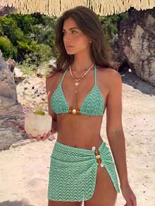 Bikinx 3pcs Women's Summer Wavy Backless Bikini Set, With Beaded Chiffon Cover Up Skirt, Suitable For Beach Vacation - Mint Blue - View 1