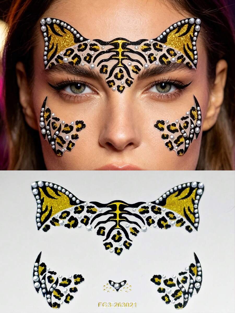 1pc Leopard Animal Face Gem Sticker, Self-Adhesive Glitter Rhinestone Mask Face Decor, Halloween Cosplay, EDM Party Temporary Face Sticker