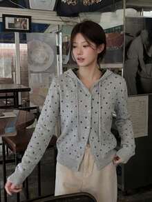 Polka Dot Hooded Sweater Cardigan, Button Front, Drawstring Hood, Long Sleeves, Soft Knit, Grey Casual Fall Layer For Women, Vintage Chic Style - Grey - View 1