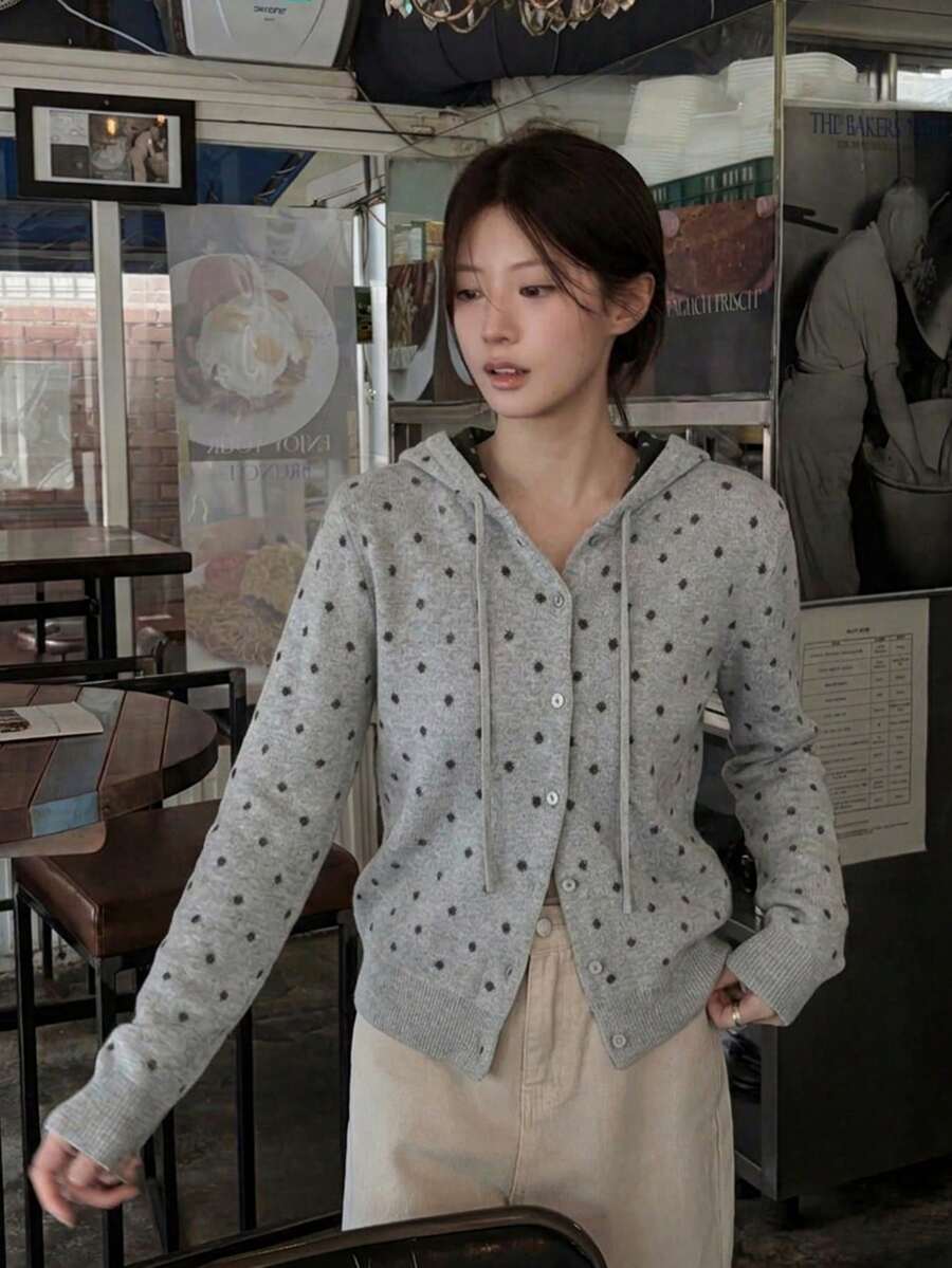 Polka Dot Hooded Sweater Cardigan, Button Front, Drawstring Hood, Long Sleeves, Soft Knit, Grey Casual Fall Layer For Women, Vintage Chic Style - Grey - View 1
