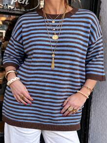 Plus Size Women's Autumn/Winter Striped Colorblock 3/4 Sleeve Pullover Sweater, Casual Commute Date Outfit - Multicolor - View 4