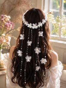 1pc Bohemian White Petal Tassel Headpiece, Vintage Beaded Pearl Hairband, Suitable For Wedding And Photography Events - White Petals - View 1