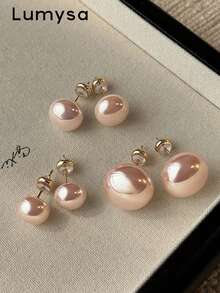 3 Pairs Elegant Minimalist High-Quality Faux Pearl Stud Earrings Set, Suitable For Women's Daily Wear, Wedding And Party - Pink - View 2