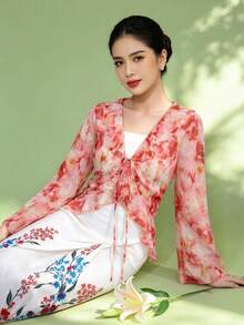 Elegant Fashionable Women's Muslim Floral Print Ruffle Bell Sleeve Blouse - Red - View 2