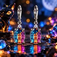 Neon Glowing Cat Oval Dangle Earrings, Colorful Luminous Cat Pattern Women's Earrings, Versatile Daily And Party Accessory - Multicolor - View 5