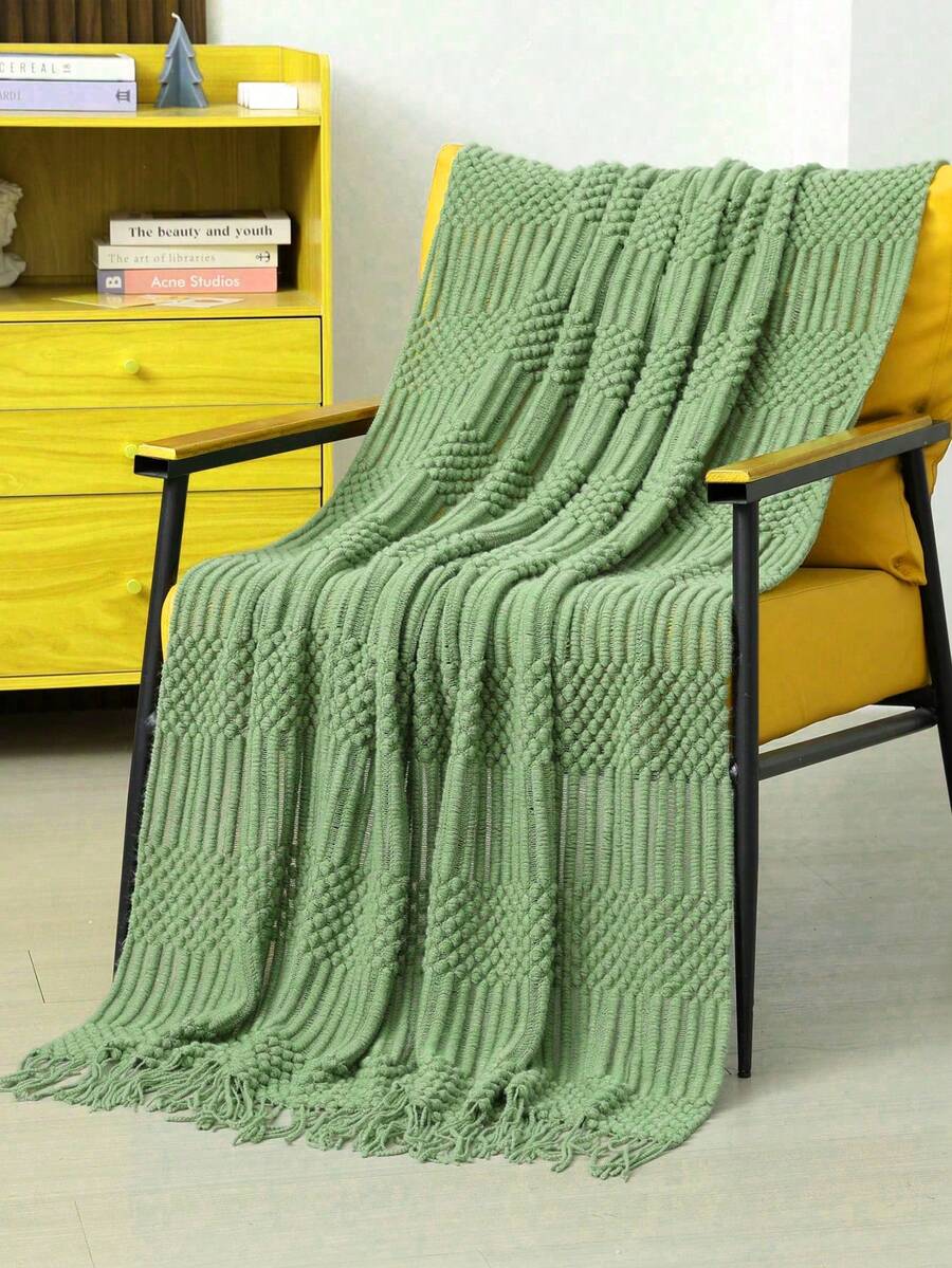 1pc Knitted Solid Color Bubble Yarn Blanket, Suitable For Bed, Sofa, Air-Conditioning, Nap, Office - Bubble Towel Olive Green - View 1