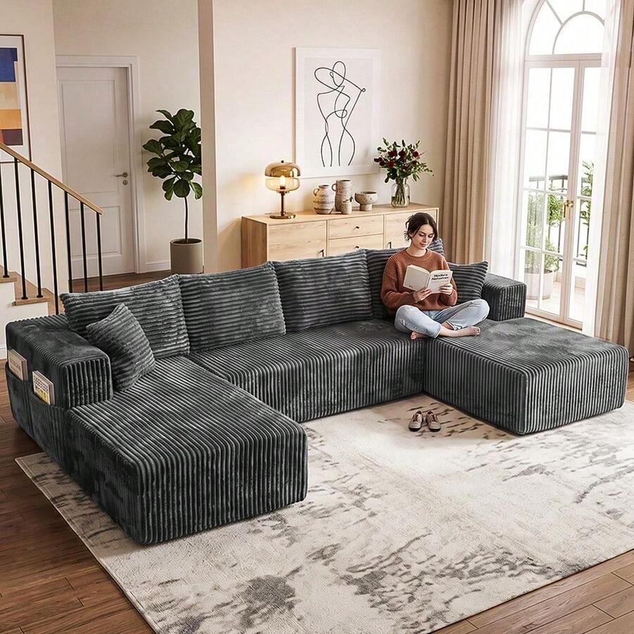 Sofá modular de lujo con forma de U, de 147 pulgadas, convertible en cama, con tapizado de pana, para sala de estar, cine en casa, villa, apartamento y estudio. No requiere montaje. - Gris Oscuro - Ver 1
