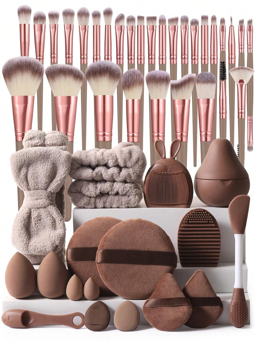 48Pcs/30Pcs/18Pcs Brown Makeup Brushes Beauty Sponges Triangle Puff Makeup Brush Cleaning Bowl Bow Headband Reusable Makeup Remover Pads Cleaning Brush Professional Makeup Tool Set For Foundation Blush Eyeshadow - Brown - View 1