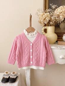 Korean Style Sweet Girl Cable Knit Cardigan, Pink 3D Cable Knit V-Neck Front Opening, White Wavy Ruffle Collar Inner Layer, 2-In-1 Design, Ribbed Cuffs Long Sleeve, Soft Gentle Outdoor Sweater For Baby And Toddler - Pink - View 6