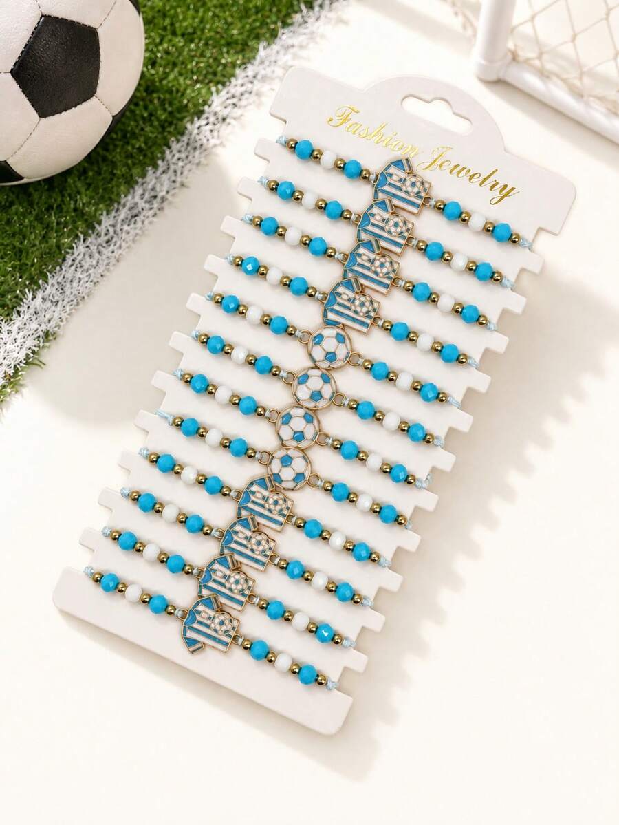 12pcs Argentina Football Theme Beaded Bracelet Set, Adjustable Handmade Woven Blue & White Jersey Football Bracelet, World Cup Fan Cheer Accessory, Sports Crystal Gold Bead Splice Bracelet, Game Day Daily Commute Jewelry Gift For Boyfriend Football Fan Fashion Jewelry - Multicolor 1 - View 1