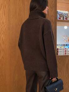 Women's Autumn/Winter All-Match Dark Brown Textured High Neck Sweater, Loose Fit Dropped Shoulder Short Knit Top, Slimming Layering Piece, Minimalist Commuter Style, Versatile Solid Color Ribbed Everyday Wear - Chocolate Brown - View 6
