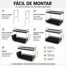 Suporte Secador de Pratos 2 Andares com Acessórios, Aço Carbono Preto e Cromado, Porta-Talheres, Cabide para Tábua e Ganchos, Bandeja de Água – 40x25x30cm - Visão 10