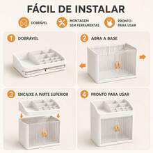Mini Estante de Mesa para Estudos com Portas e Nichos, Plástico PP Branco, Organizador de Papelaria e Livros, Antipoeira – 24x18x23,5cm - Visão 8