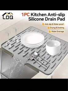 1pc Large Non-Slip Silicone Kitchen Sink & Countertop Drainage Mat, 15.75x11.81 Inches, Built-In Drainage Design, Dish Drying Rack & Space-Saving Storage Box, Easy To Clean Black & Gray Color, Suitable For Refrigerator, Stove, Sink (Modern Kitchen Use), Minimalist Design, Non-Slip Surface, Countertop Protection Mat - Multicolor - View 9