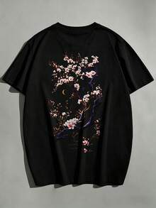 Men's Japanese Cherry Blossom Tree & Crescent Moon Back Graphic T-Shirt, Casual Loose Fit Short Sleeve Crew Neck Summer Top | Exquisite Design | Summer Essential | Versatile & Easy To Match, Showcase Your Style - Black - View 7