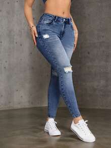 Jeans Skinny Pinggang Tinggi Elegan, Panjang, Elastisitas Sedang, Kancing Depan, Tanpa Lengan, Model Musim Gugur - Biru - View 4