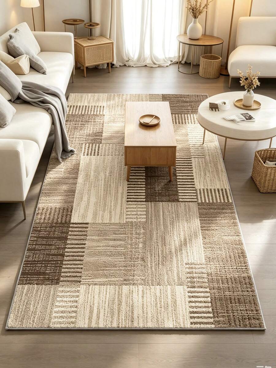 1pc Brown Line Square Rectangle Rug, Velvet, Thickened Rug, Thick Rug, Fuzzy Rug, Autumn/Winter Rug, Thickened Rug, Decorative Rug, Bedroom Decor, Small Rug, Rug - Multicolor - View 1