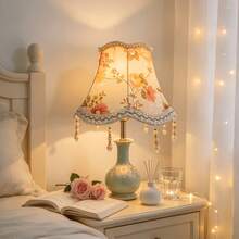 Vintage Pastoral Floral Fabric Lamp Shade, Pink Green Gold With Pearl Tassels, Bell-Shaped Table Lamp Shade For Bedroom Home Decor, Suitable For Various Styles As Table Lamp Shade - Multicolor - View 2