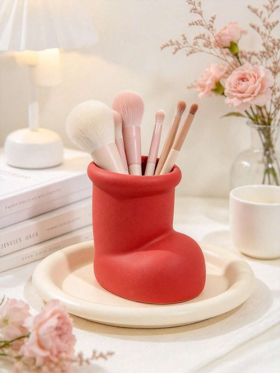 1pc Boot Shaped Makeup Organizer, Red Matte Brush Holder, Cute Novelty Vanity Storage For Desk & Shelf,Novelty Makeup Storage, Cute Vanity Decor, Unique Gift, Desk Accessory. - Multicolor - View 1