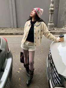 Cardigan Sweater Kerah Peter Pan Bordir Bunga, Kancing Depan, Rajutan Lembut, Lengan Panjang, Beige Vintage, Lapisan Musim Gugur untuk Pakaian Kasual Sehari-hari - Aprikot - View 5
