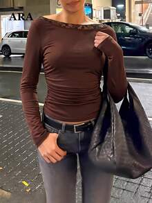 ARA CHIC Women's Off-Shoulder Long Sleeve Top With Lace Trim Collar, Ruched Waist, Back Center Knot,Lace Patchwork,Slim Fit,All-Season Elastic T-Shirt - Coffee Brown - View 2