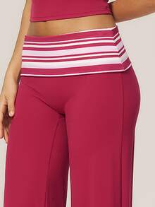 TimeOff Women's One Set Striped 2 In 1 V-Neck Halter Tank Top With Folded Waist Wide Leg Pants Running Sports Outfit - Red Violet - View 6