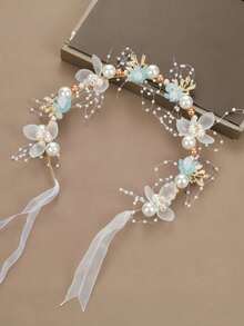 1pc Girls' Pearl Flower Ribbon Headband, Handmade Bohemian Hair Accessories, Suitable For Festivals, Travel, Parties, Weddings, Photography - Multicolor - View 8