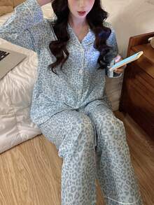 2pcs/Set Women's Blue Leopard Print Lapel Cardigan Long Sleeve Top & Pants Pajama Set, Casual Soft Loungewear For Autumn/Winter - Sky Blue - View 2