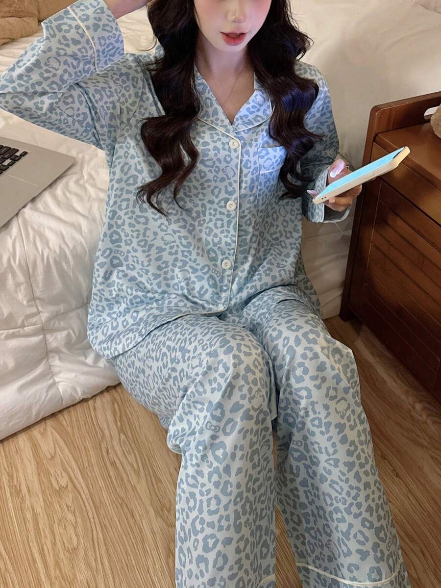 2pcs/Set Women's Blue Leopard Print Lapel Cardigan Long Sleeve Top & Pants Pajama Set, Casual Soft Loungewear For Autumn/Winter