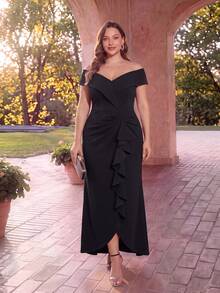 EVERPRETTY Women's Plus Size Elegant V-Neck Sleeveless Pleated Ruffle Asymmetrical Hem Midi Formal Dress, Suitable For Party, Evening Gala, Wedding Guest - Black - View 1