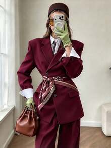 Women's Elegant Burgundy Suit Jacket And Pants Set, Suitable For Autumn Outings, Parties, Gatherings And Business Meetings - Ankara Red - View 3