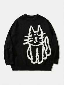 Women's Crew Neck Fashion Minimalist Cute Pattern Loose Sweater Autumn/Winter - Black - View 9