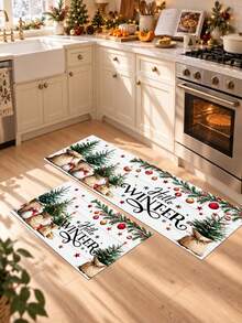 1/2pcs Christmas Kitchen Decor Rug, Santa Claus Pattern Winter Kitchen Carpet And Mat, Non-Slip Washable Absorbent Kitchen Accessories Decorative Mat, Christmas Holiday Gift! - Multicolor - View 5