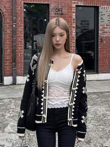 Nordic Geometric Pattern Sweater Cardigan, Button Front, Crew Neck, Long Sleeves, Soft Knit, Black, Vintage Fall Casual Layering Piece For Women - Black - View 2