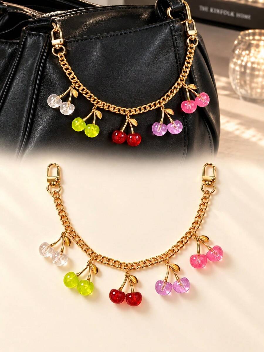 1pc/2pcs Women's Multi-Color Glitter Cherry Pendant Charm, Creative Semi-Transparent Resin Cherry Decorative Pendant With Double-Ended Clasp Long Chain - Multicolor - View 1