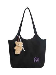 Minimalist Embroidered Canvas Tote Bag Large Capacity Student Shoulder Bag Cute Bear Pendant Casual Commute Handbag - Multicolor - View 12