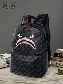 Men's High-End Shark Mouth Backpack, Geometric Pattern Retro PU Laptop Bag, Large Capacity, College Students, Business, Travel, Daily Use, Men Gift - Black - View 1