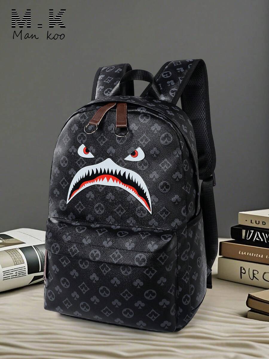 Men's High-End Shark Mouth Backpack, Geometric Pattern Retro PU Laptop Bag, Large Capacity, College Students, Business, Travel, Daily Use, Men Gift - Black - View 1
