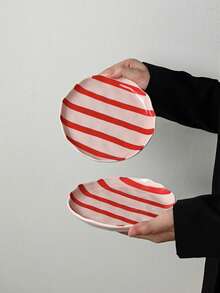 1pc/2pcs/4pcs Ins Style Cute Hand-Painted Dual-Color Striped Ceramic Plate, Breakfast Bread Plate, Western Dinner Plate, Dessert Cake Plate, Fruit Salad Plate, Holiday Gift For Family And Friends - Multicolor - View 9