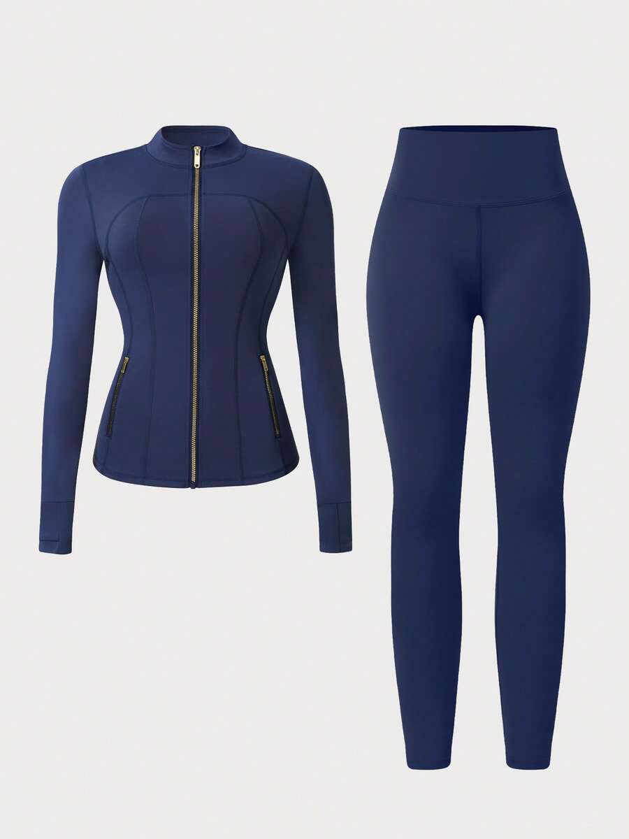 NcmRyu 1-Piece Women's Mandarin Collar Zipper Thumb-Hole Top With Pockets And Fishbone Stitching Jacket And Butt-Lifting Long Pants Set - Navy Blue - View 1