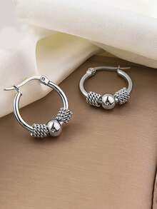 RAYQUEEN 1 Pair Fashion Vintage Minimalist Niche Stainless Steel Round Geometric Beaded Metal Earrings For Women - Earrings - View 2