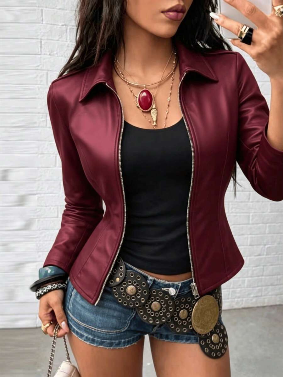 純色翻領前拉鍊短夾克,修身顯腰線日常通勤百搭短款外套 - 酒紅色 - 查看 1
