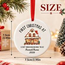 Custom Round First Christmas New Home Ornament, Cozy Snowy House Address Decor, Personalized Names & 2026 Christmas Tree Decorations, Customized Text Wall Hanging For Holiday Party Supplies, Customizable Housewarming Keepsake Christmas Gift 2026 - Style D - View 2